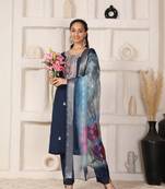 Teal blue chanderi suit with embroidery and organza dupatta