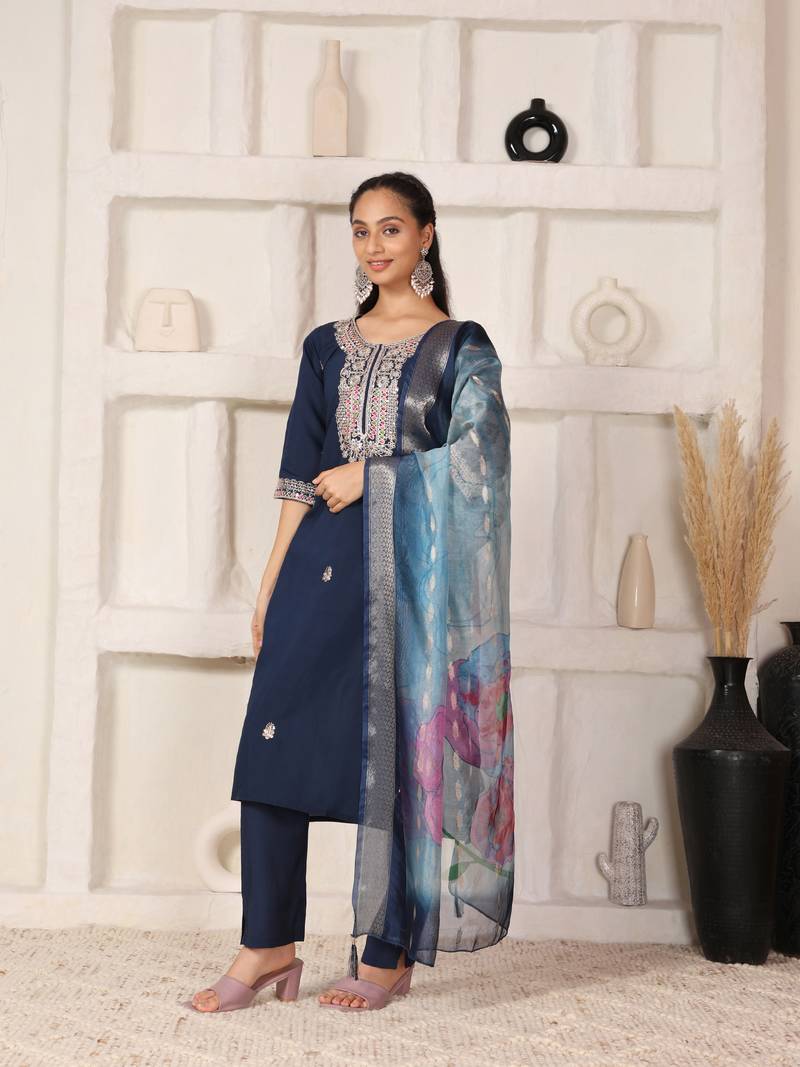 Teal blue chanderi suit with embroidery and organza dupatta