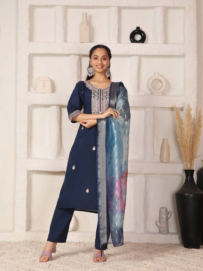 Teal blue chanderi suit with embroidery and organza dupatta