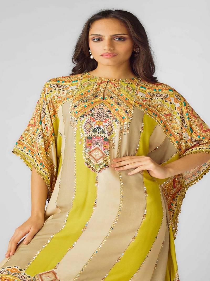 Multicolor sequin embroidered muslin kaftan
