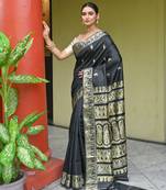 Black pure handwoven baluchari silk saree with exquisite resham work in golden color