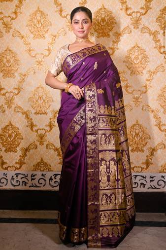 Violet pure handwoven baluchari silk saree with exquisite resham work in golden color