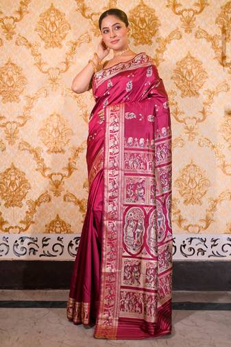 Rose magenta pure handwoven baluchari silk saree with exquisite resham minakari work in dual color