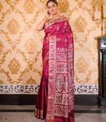 Rose magenta pure handwoven baluchari silk saree with exquisite resham minakari work in dual color