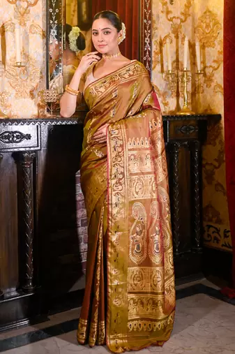 Dual toned pure handwoven baluchari silk saree with exquisite resham minakari work in dual color