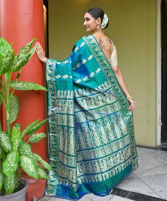 Green dual toned  handwoven baluchari silk blend saree with exquisite resham work in copper color 3