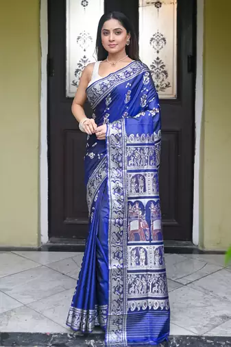 Ink blue pure handwoven baluchari silk saree with exquisite resham minakari work in dual color
