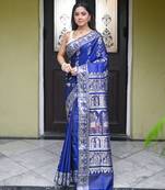 Ink blue pure handwoven baluchari silk saree with exquisite resham minakari work in dual color