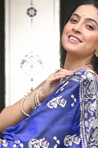 Ink blue  handwoven baluchari silk blend saree with exquisite resham minakari work in dual color
