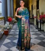 Blue dual tone pure handwoven swarnachari silk saree with exquisite zari minakari work in dual color