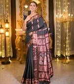 Black pure handwoven swarnachari silk saree with exquisite zari minakari work in dual color