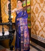 Blue pure handwoven swarnachari silk saree with exquisite zari minakari work in dual color