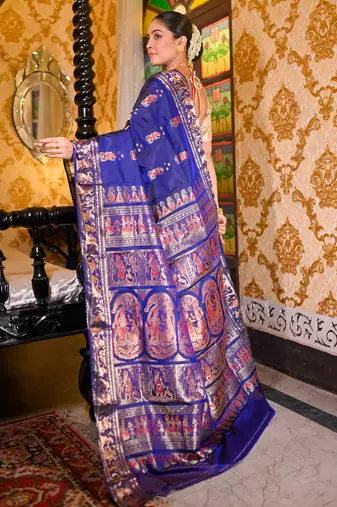 Blue  handwoven swarnachari silk blend saree with exquisite zari minakari work in dual color