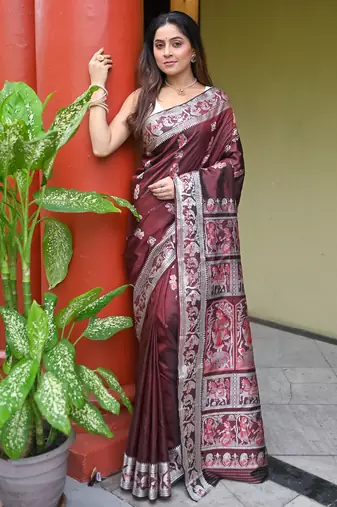 Brown pure handwoven baluchari silk saree with exquisite resham minakari work in dual color