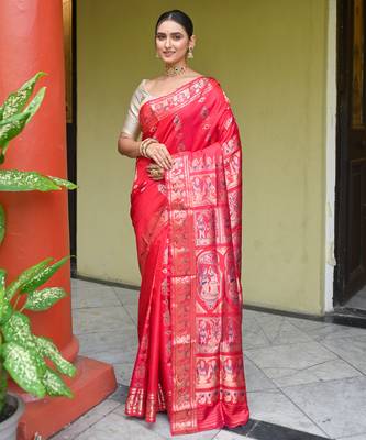 Red  handwoven swarnachari silk blend saree with exquisite zari minakari work in dual color 1