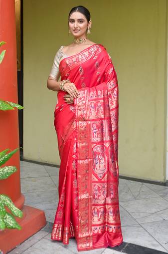 Red pure handwoven swarnachari silk saree with exquisite zari minakari work in dual color