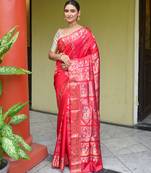 Red pure handwoven swarnachari silk saree with exquisite zari minakari work in dual color