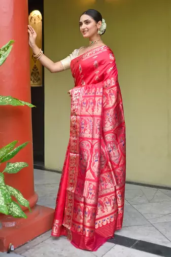 Red  handwoven swarnachari silk blend saree with exquisite zari minakari work in dual color