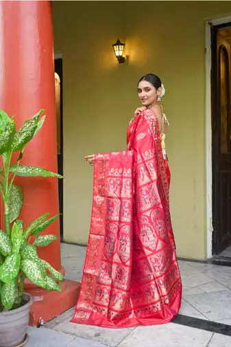 Red  handwoven swarnachari silk blend saree with exquisite zari minakari work in dual color