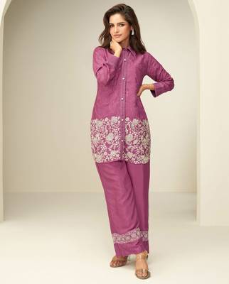 Pink embroidery thared, schiffli work chinnon silk cord set pant suit-free size stitching (size upto 42") 1