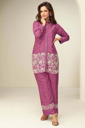 Pink embroidery thared, schiffli work chinnon silk cord set pant suit-free size stitching (size upto 42")