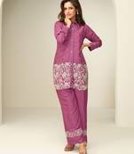 Pink embroidery thared, schiffli work chinnon silk cord set pant suit-free size stitching (size upto 42")