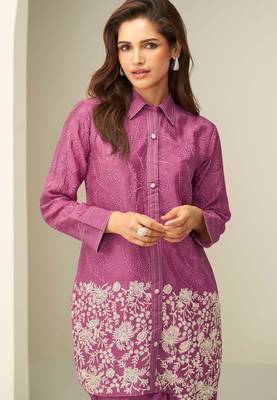 Pink embroidery thared, schiffli work chinnon silk cord set pant suit-free size stitching (size upto 42") 2