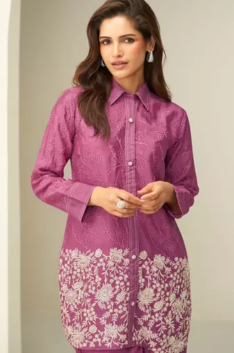 Pink embroidery thared, schiffli work chinnon silk cord set pant suit-free size stitching (size upto 42")