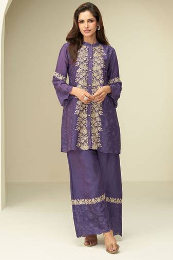 Purple embroidery thared, schiffli work chinnon silk cord set pant suit-free size stitching (size upto 42")