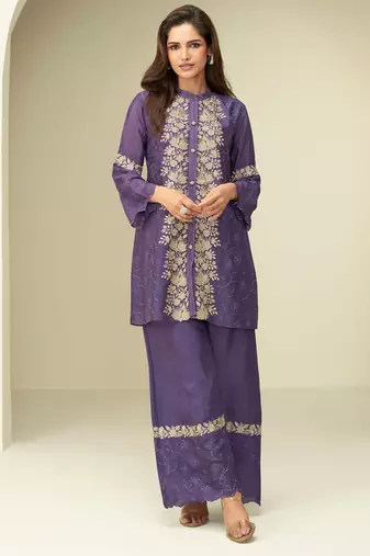 Purple embroidery thared, schiffli work chinnon silk cord set pant suit-free size stitching (size upto 42")