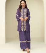 Purple embroidery thared, schiffli work chinnon silk cord set pant suit-free size stitching (size upto 42")
