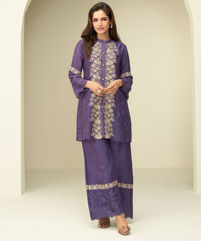 Purple embroidery thared, schiffli work chinnon silk cord set pant suit-free size stitching (size upto 42")