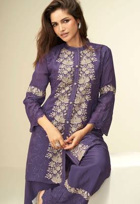 Purple embroidery thared, schiffli work chinnon silk cord set pant suit-free size stitching (size upto 42") 2