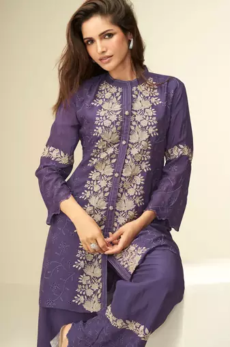 Purple embroidery thared, schiffli work chinnon silk cord set pant suit-free size stitching (size upto 42")