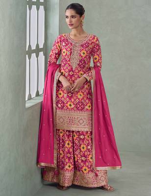 Pink embroidery, zari & printed work chinnon silk straight palazzo suit-free size stitching (size upto 42") 1