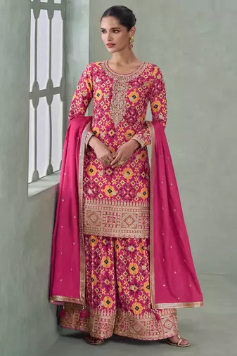 Pink embroidery, zari & printed work chinnon silk straight palazzo suit-free size stitching (size upto 42")