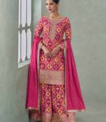 Pink embroidery, zari & printed work chinnon silk straight palazzo suit-free size stitching (size upto 42")