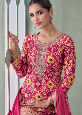 Pink embroidery, zari & printed work chinnon silk straight palazzo suit-free size stitching (size upto 42") 2