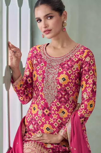 Pink embroidery, zari & printed work chinnon silk straight palazzo suit-free size stitching (size upto 42")