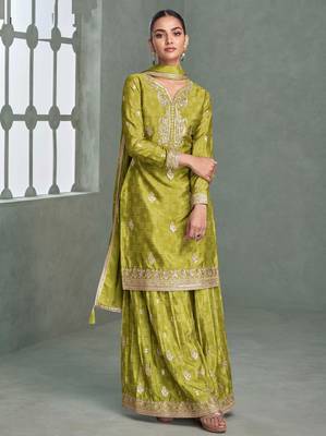 Green embroidery, zari & printed work chinnon silk straight palazzo suit-free size stitching (size upto 42") 1