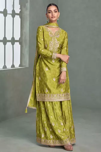 Green embroidery, zari & printed work chinnon silk straight palazzo suit-free size stitching (size upto 42")