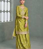 Green embroidery, zari & printed work chinnon silk straight palazzo suit-free size stitching (size upto 42")