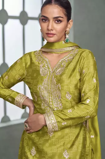 Green embroidery, zari & printed work chinnon silk straight palazzo suit-free size stitching (size upto 42")