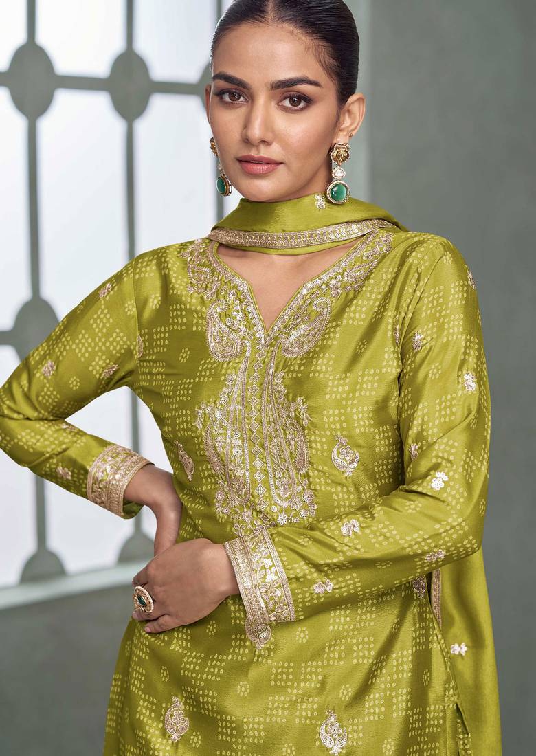 Green embroidery, zari & printed work chinnon silk straight palazzo suit-free size stitching (size upto 42")