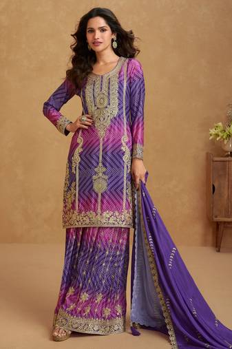 Purple & rani pink embroidery & sequins printed chinnon silk straight palazzo suit-free size stitching (size upto 42")