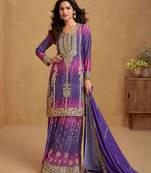 Purple & rani pink embroidery & sequins printed chinnon silk straight palazzo suit-free size stitching (size upto 42")