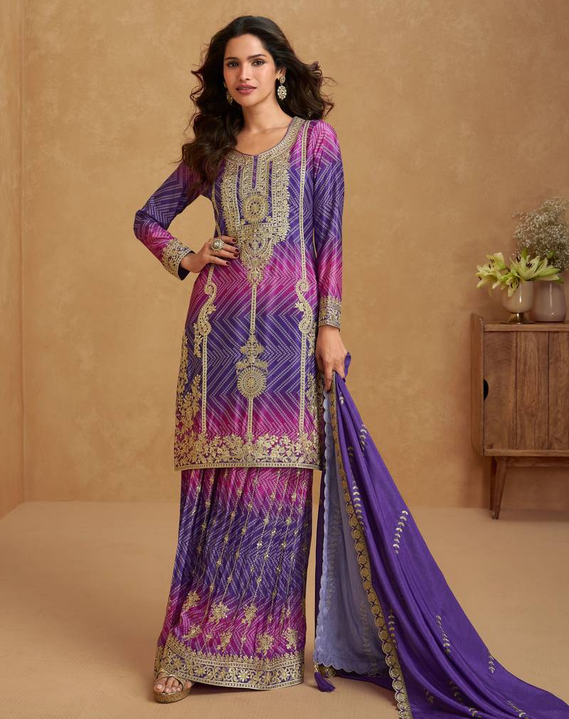 Purple & rani pink embroidery & sequins printed chinnon silk straight palazzo suit-free size stitching (size upto 42")