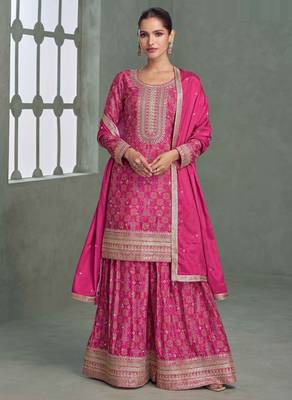 Pink embroidery, zari & printed work chinnon silk straight palazzo suit-free size stitching (size upto 42") 1
