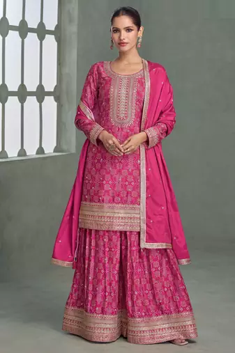 Pink embroidery, zari & printed work chinnon silk straight palazzo suit-free size stitching (size upto 42")