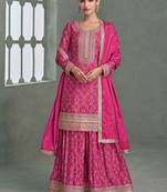 Pink embroidery, zari & printed work chinnon silk straight palazzo suit-free size stitching (size upto 42")